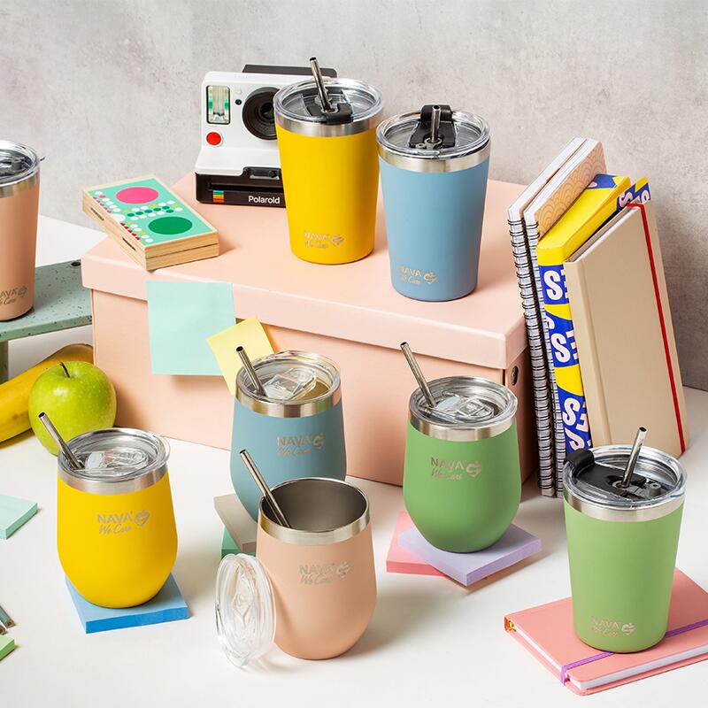 Taza de viaje térmica de acero inoxidable 360 ml – Verde | Con pajita reutilizable y diseño ecológico &quot;We Care&quot;