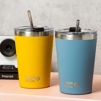 🌟 Taza Térmica de Viaje de Acero Inoxidable 450 ml – Rosa 💕 | Con Pajita Reutilizable ♻️ y Diseño Ecológico &quot;We Care&quot; 🌱🚀