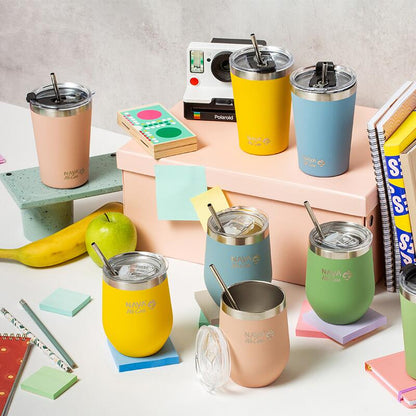 🌟 Taza Térmica de Viaje de Acero Inoxidable 450 ml – Rosa 💕 | Con Pajita Reutilizable ♻️ y Diseño Ecológico &quot;We Care&quot; 🌱🚀