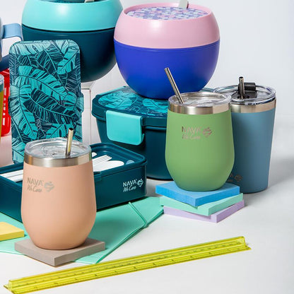 Taza de viaje térmica de acero inoxidable 360 ml – Verde | Con pajita reutilizable y diseño ecológico &quot;We Care&quot;