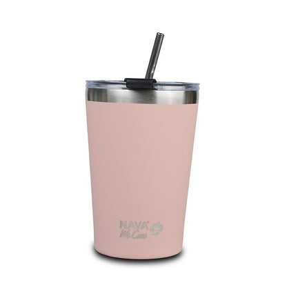 🌟 Taza Térmica de Viaje de Acero Inoxidable 450 ml – Rosa 💕 | Con Pajita Reutilizable ♻️ y Diseño Ecológico &quot;We Care&quot; 🌱🚀