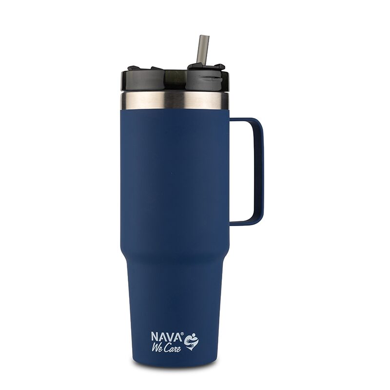 ✨ Taza térmica de acero inoxidable 900 ml – Azul oscuro 💙 | Con pajita reutilizable ♻️