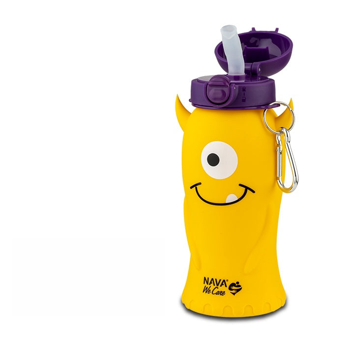 👾 Botella de agua de silicona &quot;We Care&quot; 500ml – Monstruo amarillo, flexible y eco-friendly 💛♻️ ¡Hidratación divertida y segura! 💦
