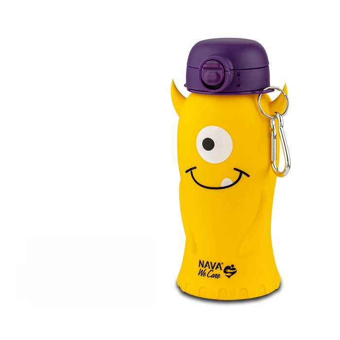 👾 Botella de agua de silicona &quot;We Care&quot; 500ml – Monstruo amarillo, flexible y eco-friendly 💛♻️ ¡Hidratación divertida y segura! 💦